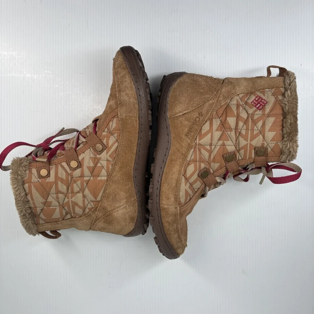 Columbia Women’s Brown Suede Quilted Winter Boots - Tan with Red Accents